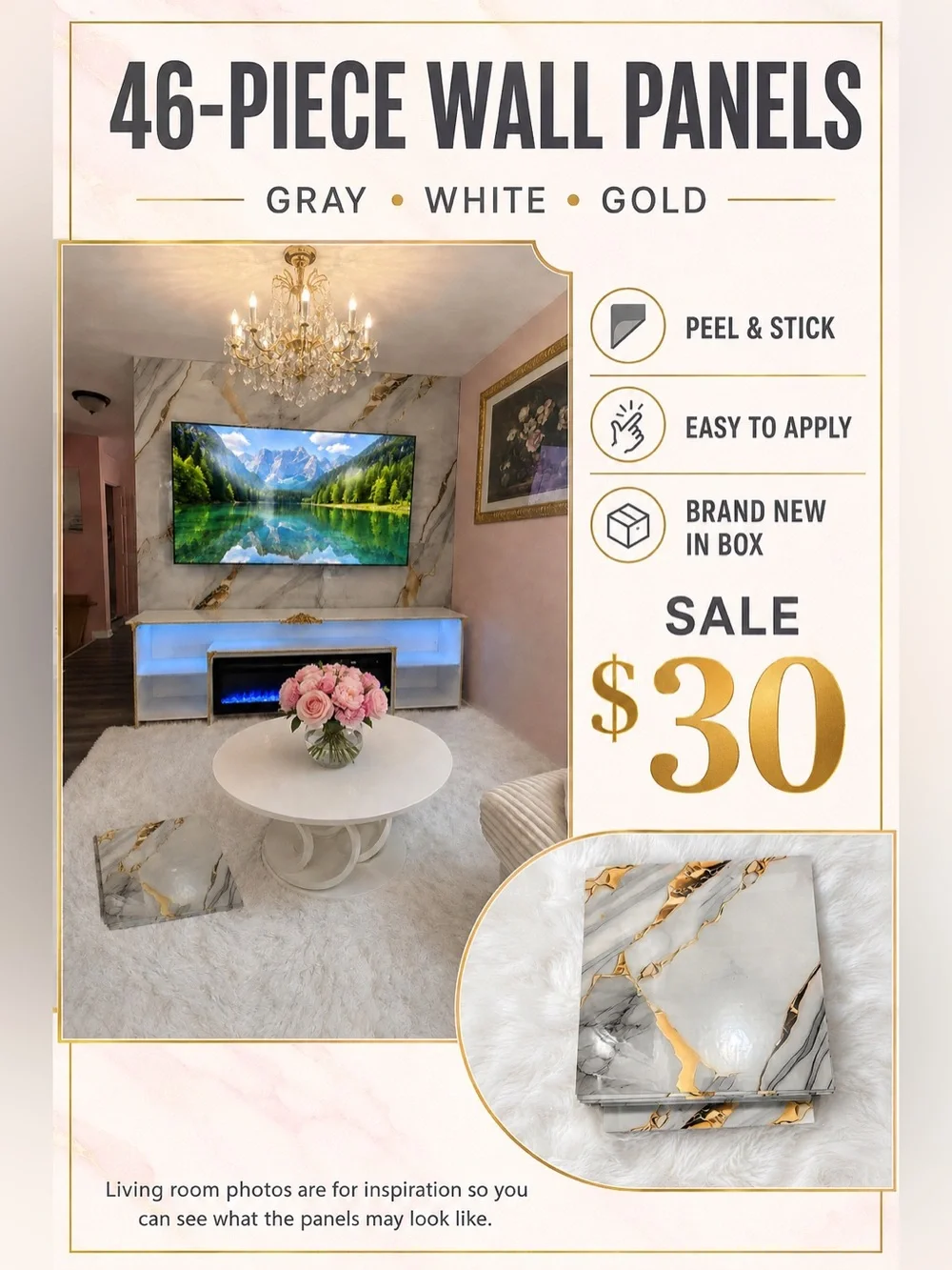Amazon Gray White Gold Peel & Stick Marble-Look Wall Panels